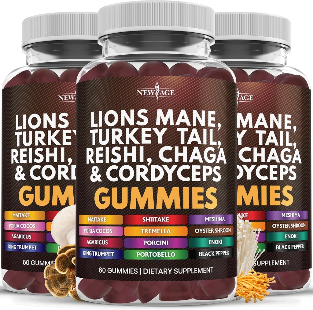 NIEUW AGE Paddestoel Leeuwen Mane Supplement Gummies - Uitgebreide paddo supplement met Reishi, Cordyceps - 180 Tellen