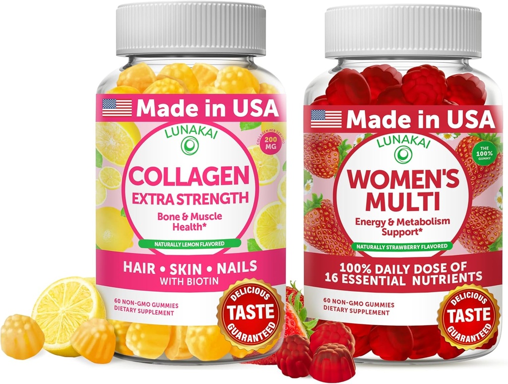 Lunakai Collageen en vrouwen Multivitamine Gummies Bundle - Non-GMO Anti Aging Supplementen met Biotine, Zink, Vitamine C en E - 100% dagelijkse waarde van 16 essentiële vitaminen en mineralen - 30 dagen levering