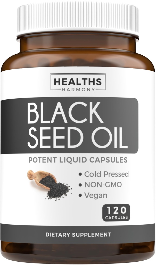 Black Seed Oil - 120 Softgel Capsules Skin Health (Non-GMO & Vegan) Cold-Pressed Nigella Sativa Producing Pure Black Cumin Seed Oil with Vitamine E - 500mg Elke, 1000mg Per 2 Capsule Serving