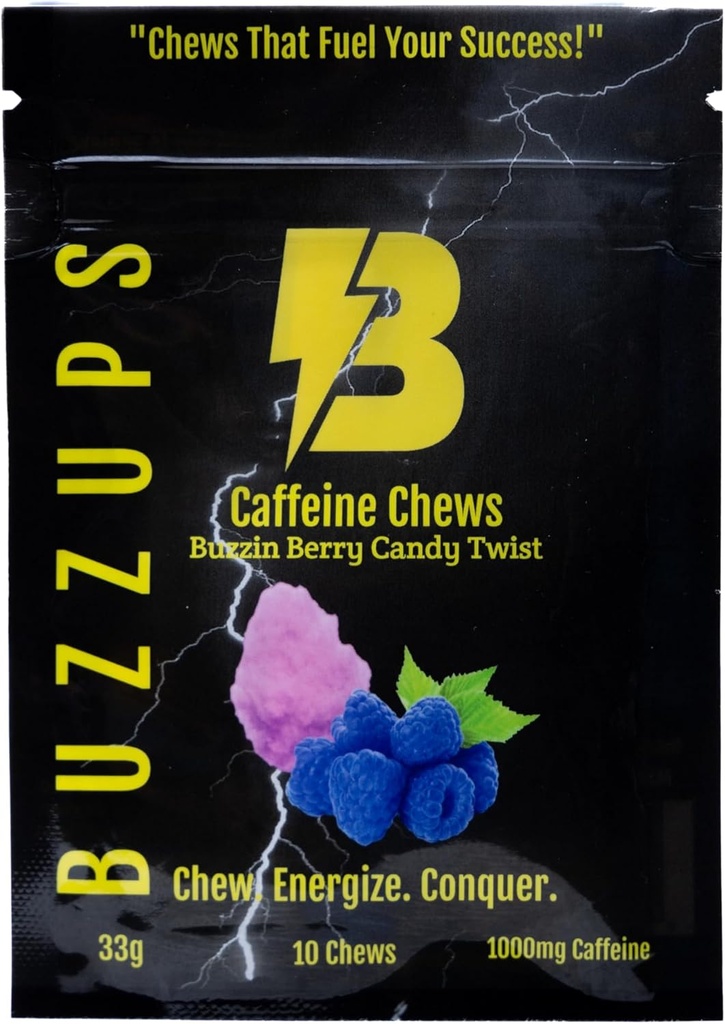 BuzzUps Caffeine Gummies – 100mg Caffeine per Gummy, Buzzin Berry Twist Flavor, 1000mg Total per Pack, Energy Supplement for Running, Cycling, Gaming, Endurance Sports (30 Gummies, 3-Pack)