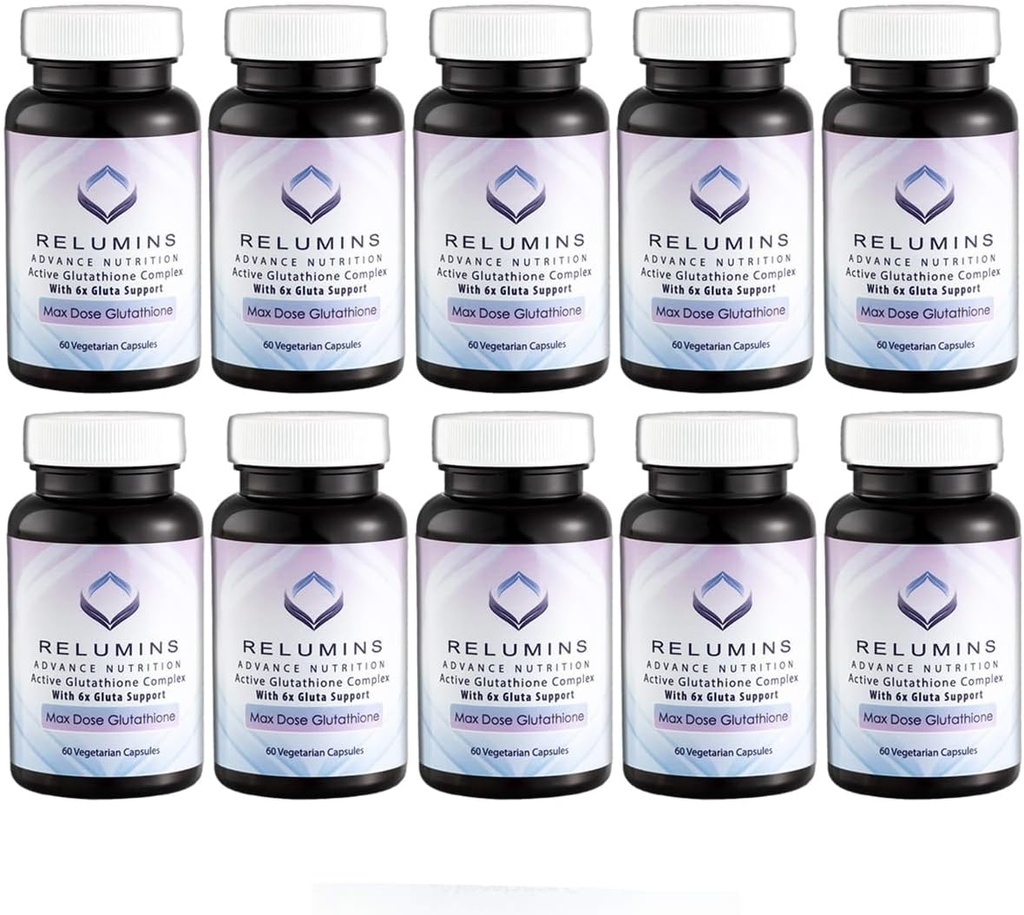 Relumines Advance White Active Glutathion Complex - Max Dose 900mg Glutathion met 6X Boosters, ALA & NAC - Anti-Aging huidverhelderende supplement - 60 capsules x 10 flessen