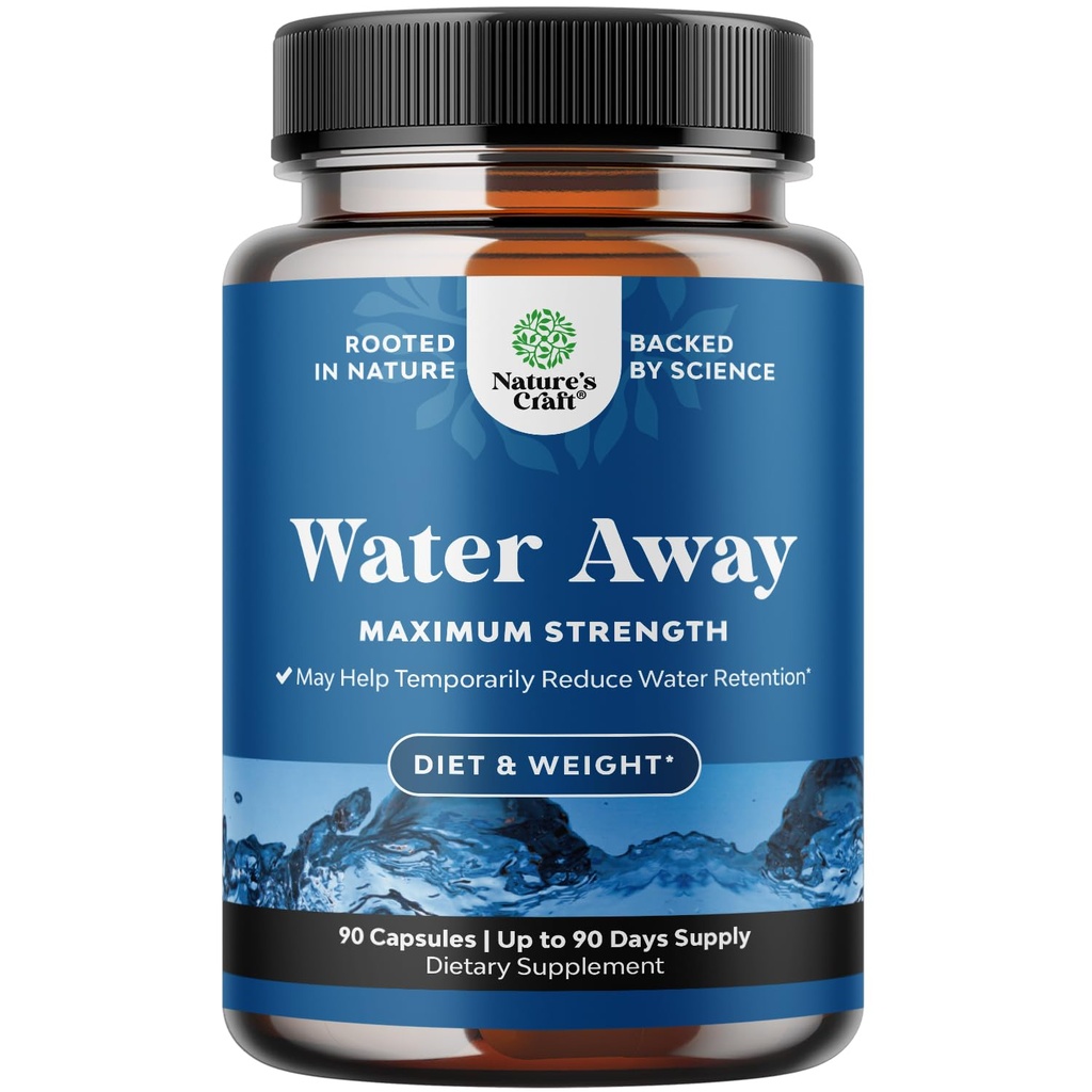 Water Away Herbal Diuretic Pillen Hoge sterkte - Vochtretentie Supplement met Dandelion Leaf Extract & Green Tea for Bloating Relief for Women & Men - Capsules for Leg & Feet Swelling - 90 Tel.