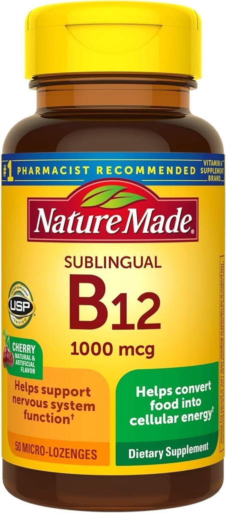 Nature faite Vitamine Sublingual B12 1000 mcg Micro-Lozenges, 50 Compte pour la santé métabolique
