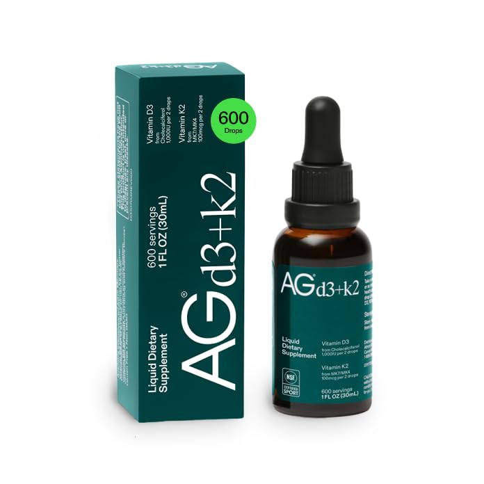 AG1 vitamine D3 K2 druppels, 1000IU vitamine D3 en 100mcg K2 per portie, Ondersteunt botdichtheid en Calcium Absorptie (Atletische Groenen)