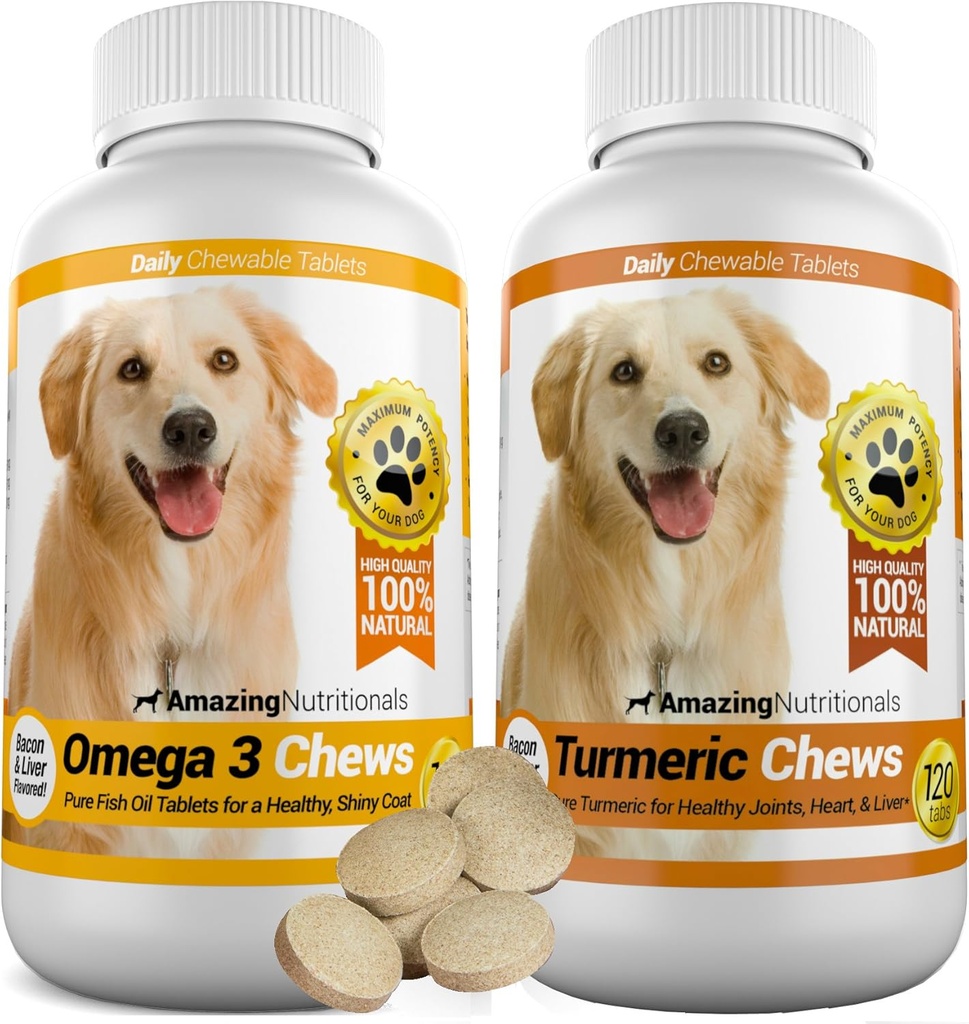 Verbazingwekkende Combo Omega-3 Visolie en Kurkuma Curcumin voor honden - Pure natuurlijke huisdier Antioxidant - Promoot glanzende jas, hersenen gezondheid, Elimineert gewrichtspijn, 120 smakelijke kauwgom x 2