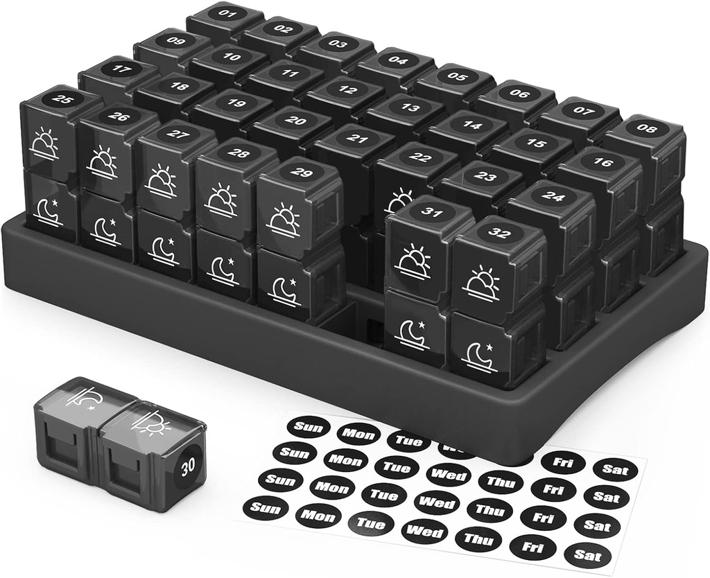 ZIKEE 30 Dag pil Organisator Maandelijks, Portable One Month Pill Box Cases met 32 Tweemaal per dag PM-Compartementen voor Vitaminen, Visolie, Supplementen en Medicijnen(Zwart