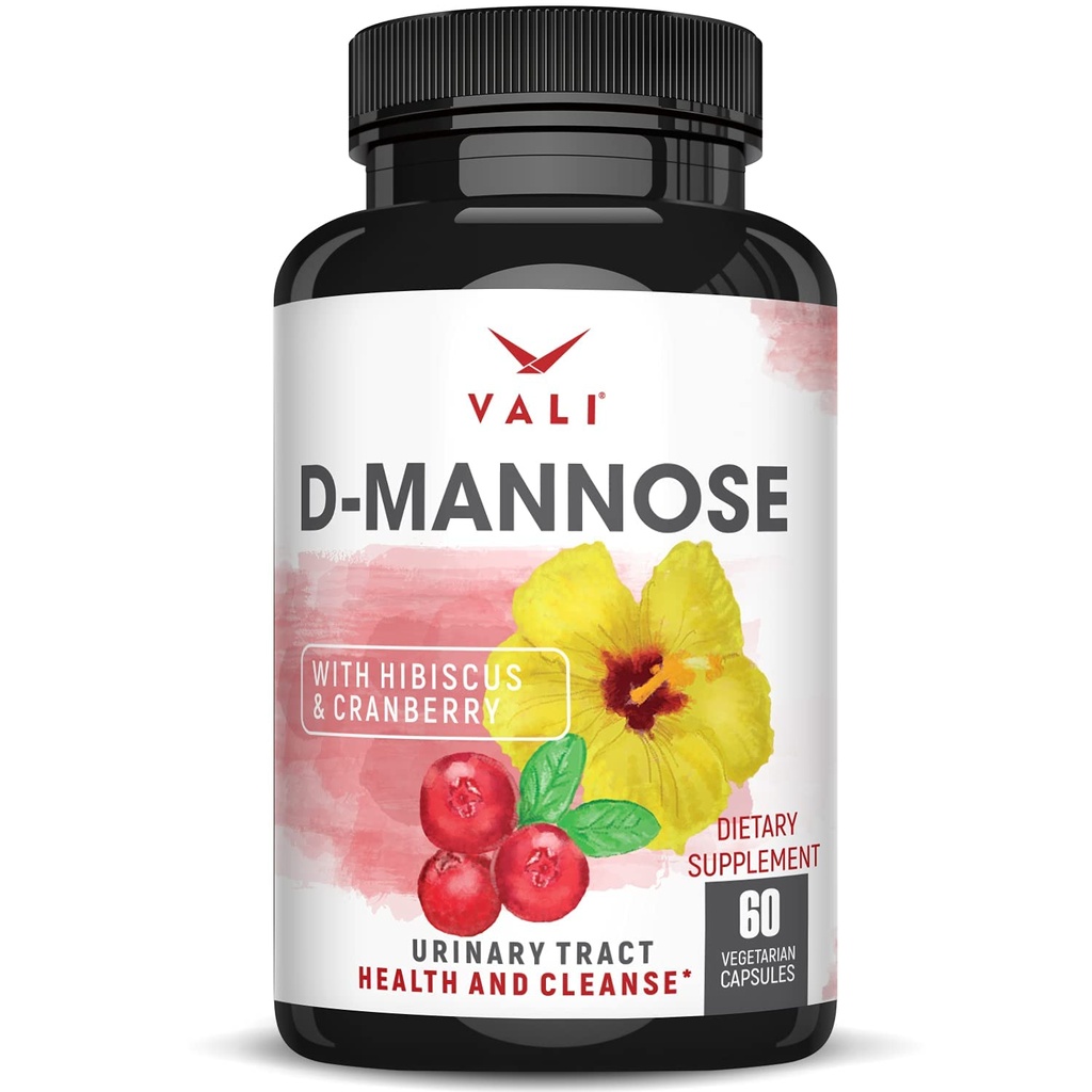 VALI D-Mannose 1000mg Urinaire Tract Health Formula. Biologische Cranberry Fruit Poeder & Hibiscus. Gezonde blaas, natuurlijke reiniging, snelle Detox Flush, Herbal UT functie ondersteuning pillen. 60 Veggie Capsules