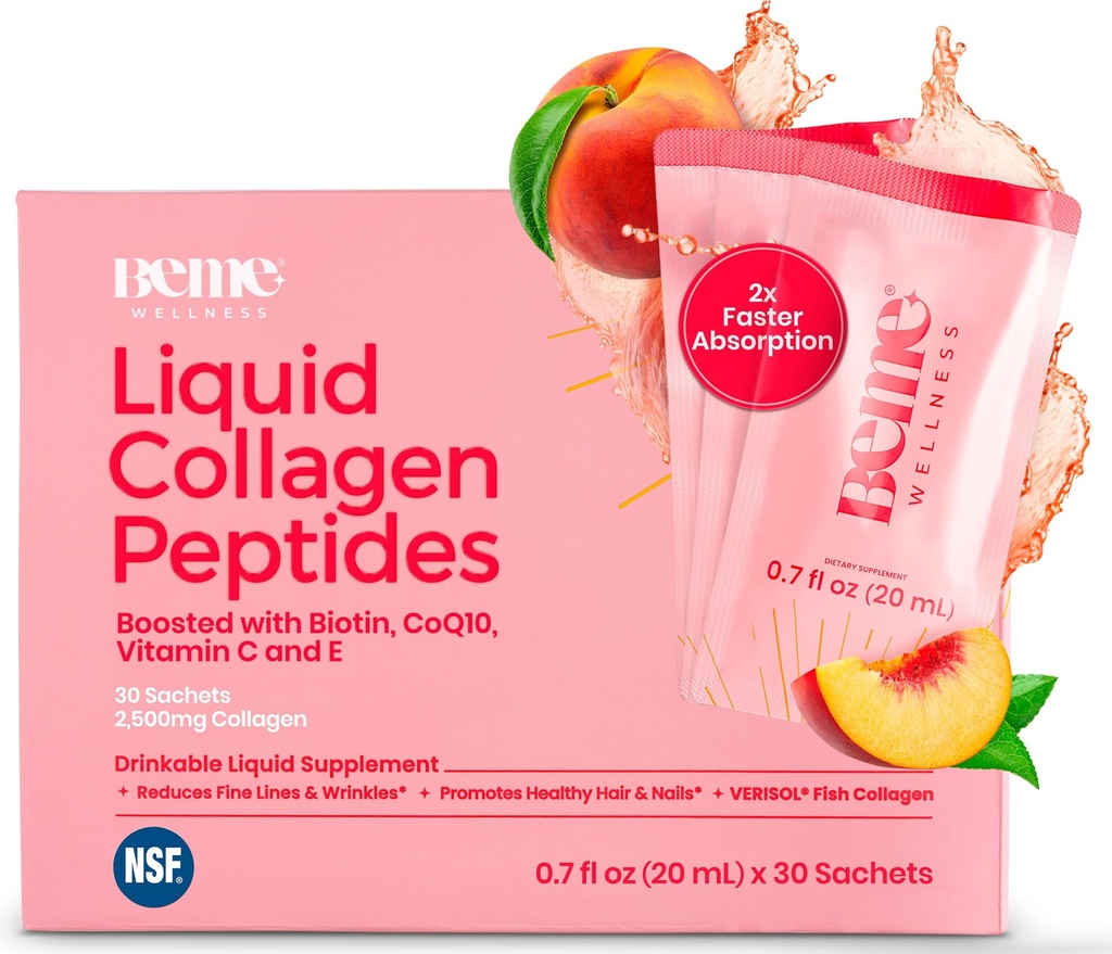 BeMe Liquid Collagen for Women - 2500mg Verisol Collagen Liquid with Biotin, CoQ10 & Vitamin C - Clinically Proven Collagen Peptides for Hair, Skin & Nails - 30 Peach Sachets