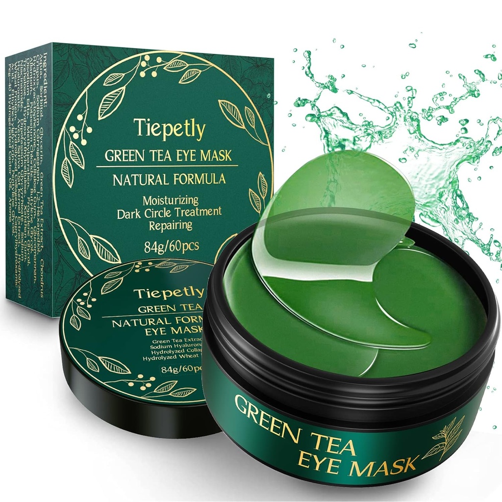 Tiepetly Under Eye Maskers met Collageen, Green Tea Eye Patches voor donkere cirkels en gezwollenheid, Hydrating, Anti rimpel, 60 stuks