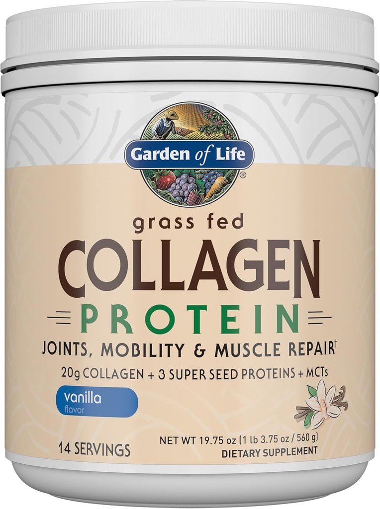Garden of Life Grass Fed Collageen Proteine Powder - Vanille, 14 Serves, Powder for Joints Mobiliteit Spierreparatie, Collageen Peptides + Super Seeds + Coconut MCTs, Keto Supplement