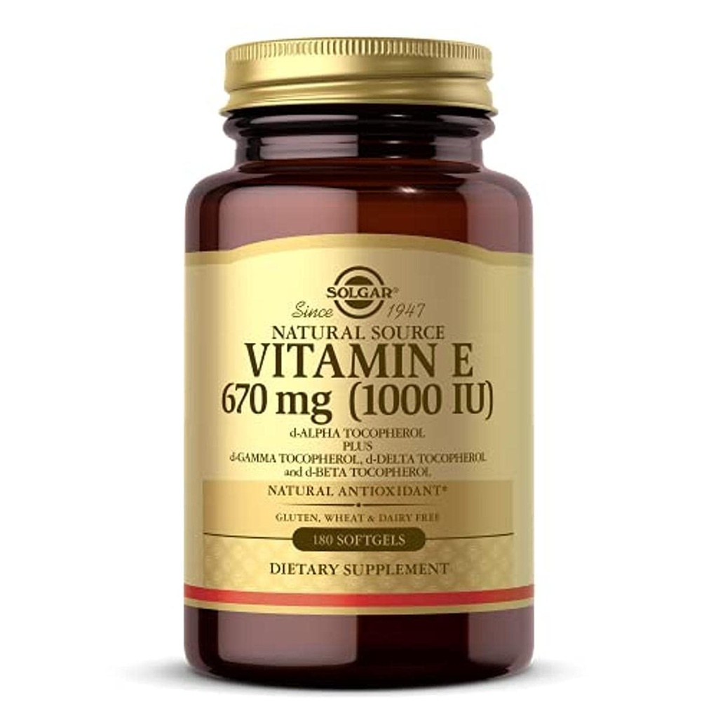 Solgar Vitamine E 670 mg (1000 IE), 180 Softgels - Natural Antioxidant, Skin & Immuun System Support - Naturally-Sourced Vitamine E - Glutenvrij, Zuivelvrij - 180 porties
