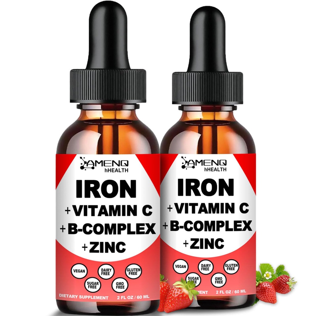 2 Pack de supplément de fer liquide avec vitamine C, A, complexe B, gouttes de fer végétalien Vitamine liquide et suppléments de fer à haute puissance pour les femmes, les hommes et les enfants - soutenir les globules rouges, énergie, anémie et fatigue