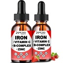 2 Pack de supplément de fer liquide avec vitamine C, A, complexe B, gouttes de fer végétalien Vitamine liquide et suppléments de fer à haute puissance pour les femmes, les hommes et les enfants - soutenir les globules rouges, énergie, anémie et fatigue