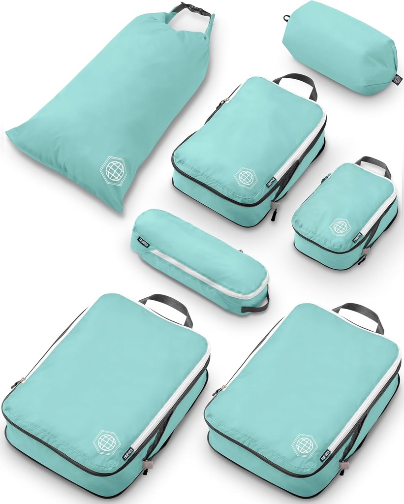 Grote Compressie Verpakking Kubus voor Travel-Packing Kubus Bagage Organizers 7 Piece Set voor Gecontroleerde Bagage-Ultralight, Uitbreidbaar / Compressie Bags door TRIPPED Travel Gear (DustyTeal/White)