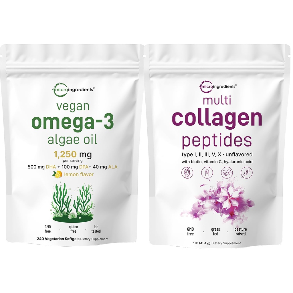 Micro Ingrediënten Multi Collageen Proteïne Poeder 16oz & Vegan Omega 3 Algenolie Supplement Bundle 2 Pack 