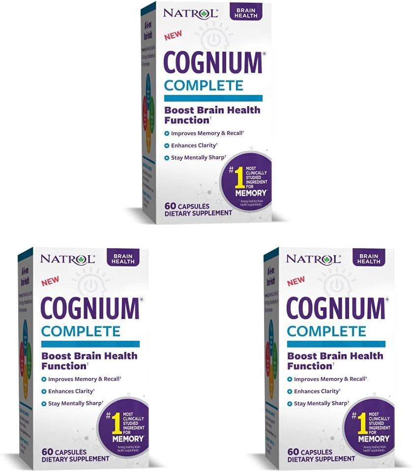 Natrol Cognium Complete, Supplément diététique pour la santé cérébrale, améliore la mémoire et la clarté, sans médicament, 100mg, 60 Capsules (paquet de 3)