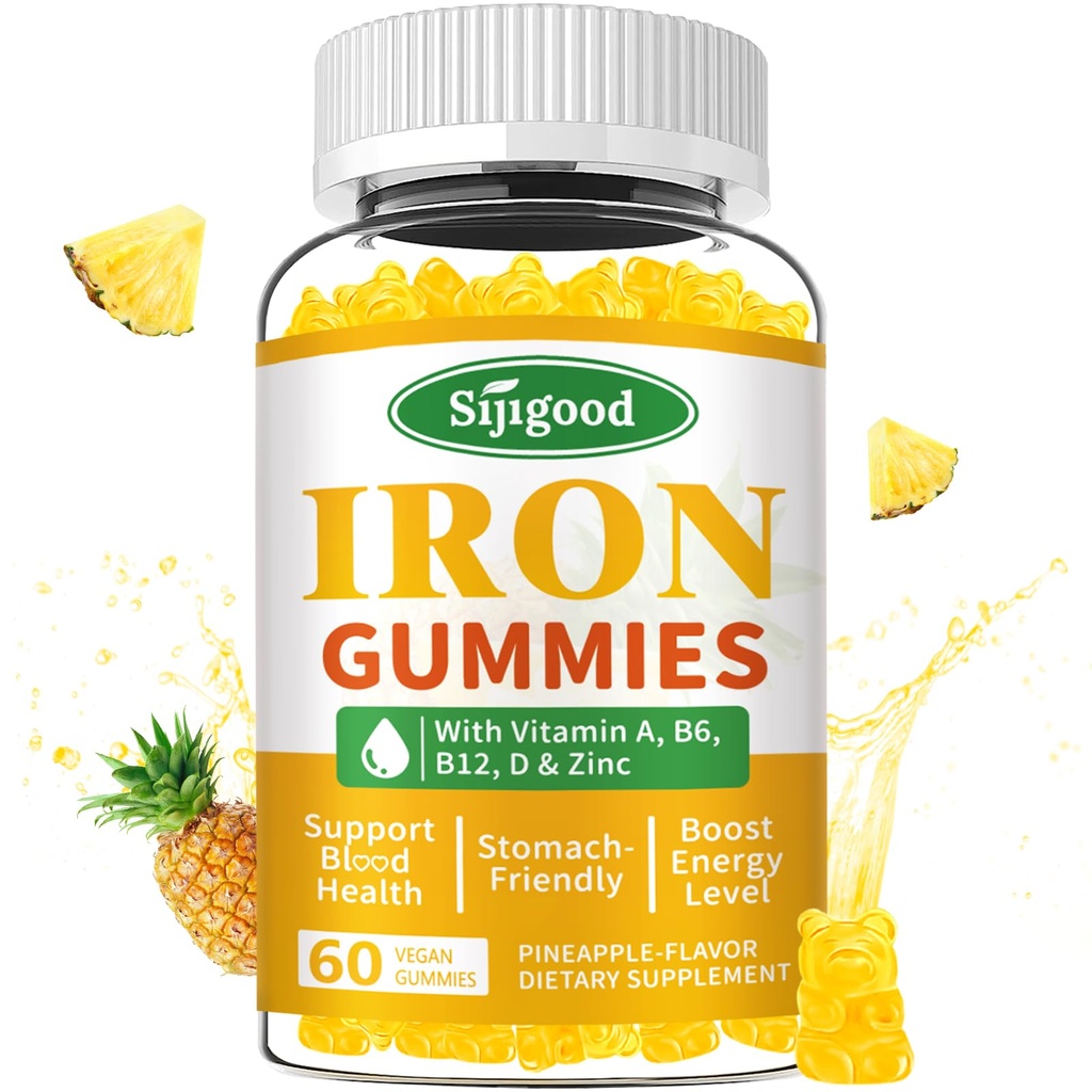 Iron Gummies for Women & Men - Vegan Iron Supplement for Anemia & Iron Deficency, with Vitamin B12, Vitamin C, Zink, Folate - Energy Boost, Sugar-Free, Ananas smaak, 60 Tellen