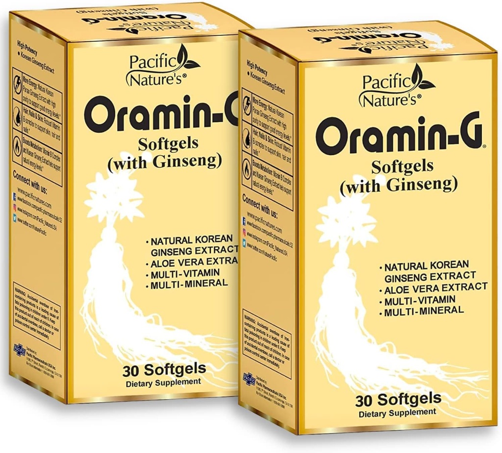 Pacific Nature's Oramin G (30 Softgels) met Koreaanse Ginseng, Aloë Vera, Vitamine B Complex, en Zink voor Energie, Immuniteit, & Nutritional Support - Pack of 2