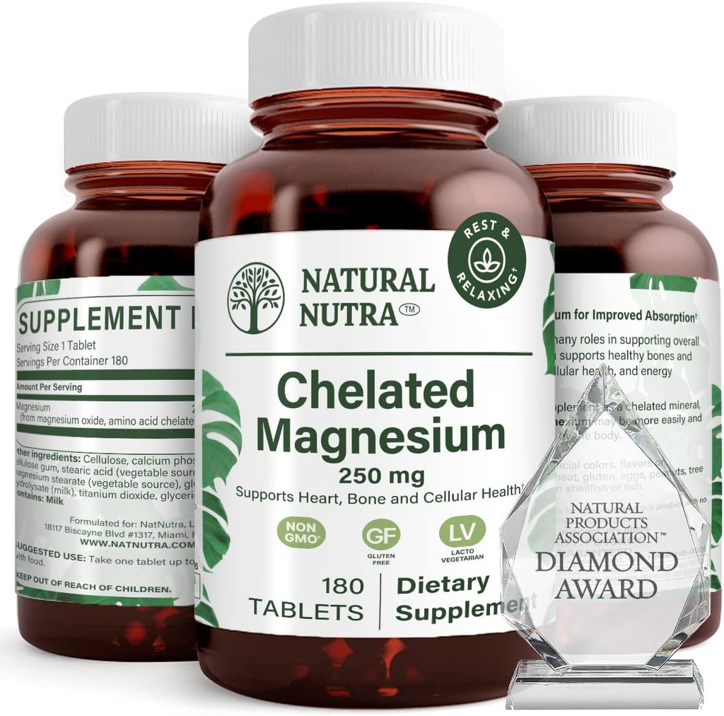 Natural Nutra chelated Magnesium Oxide 250 mg - Hoge absorptie voor sterke botten, hartgezondheid, energieboost, Glutenvrije, niet-GMO, 180 tabletten (2 verpakkingen) in BPA-vrije recyclebare glazen flessen