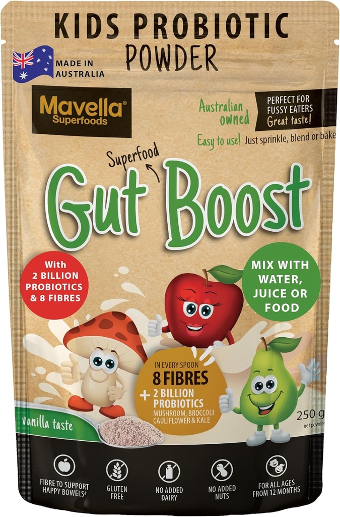 Poudre Probiotique pour enfants Gut Boost – Soutien quotidien digestif et immunitaire avec fibre pour les enfants tout-petits, supplément de fibre parfumée Vanilla, mélange facile pour la constipation et la santé Gut 8.82oz(250g)
