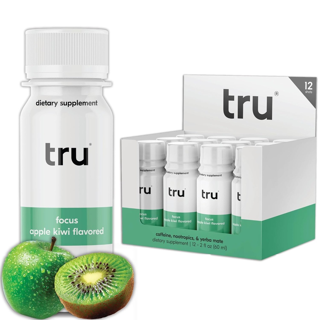 Tru Focus Shots, Nootropic Energy Drink met Yerba Mate, L Theanine & Natural Cafeine, Vegan Wellness Shot met Zero Sugar & Calories, Glutenvrij, Keto Friendly, Apple Kiwi Flavor, 2 FL OZ, 12 Pack
