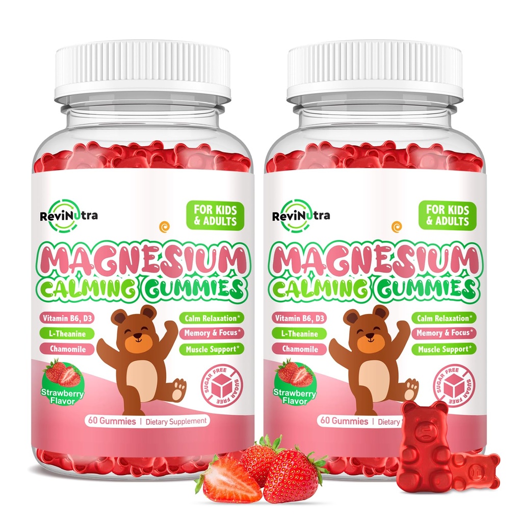 Glycinat de magnésium pour enfants, supplément de magnésium avec L-Theanine, vitamine B6, D3 pour les enfants et les adultes, Magnésium calme pour la relaxation du sommeil,Brain,Bones,Fraise sans sucre 120ct