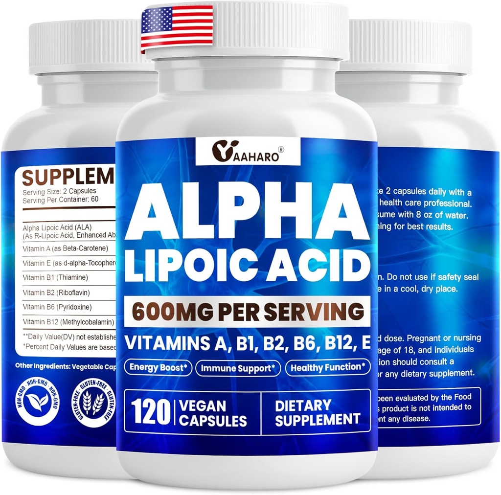 Alpha Lipoic Acid 600mg, ALA Supplement for Energy Boost, Immune Support, Healthy Function, and Enhanced Absorption, R-Alpha Lipoic Acid with Essential Vitamins, 120 Capsules