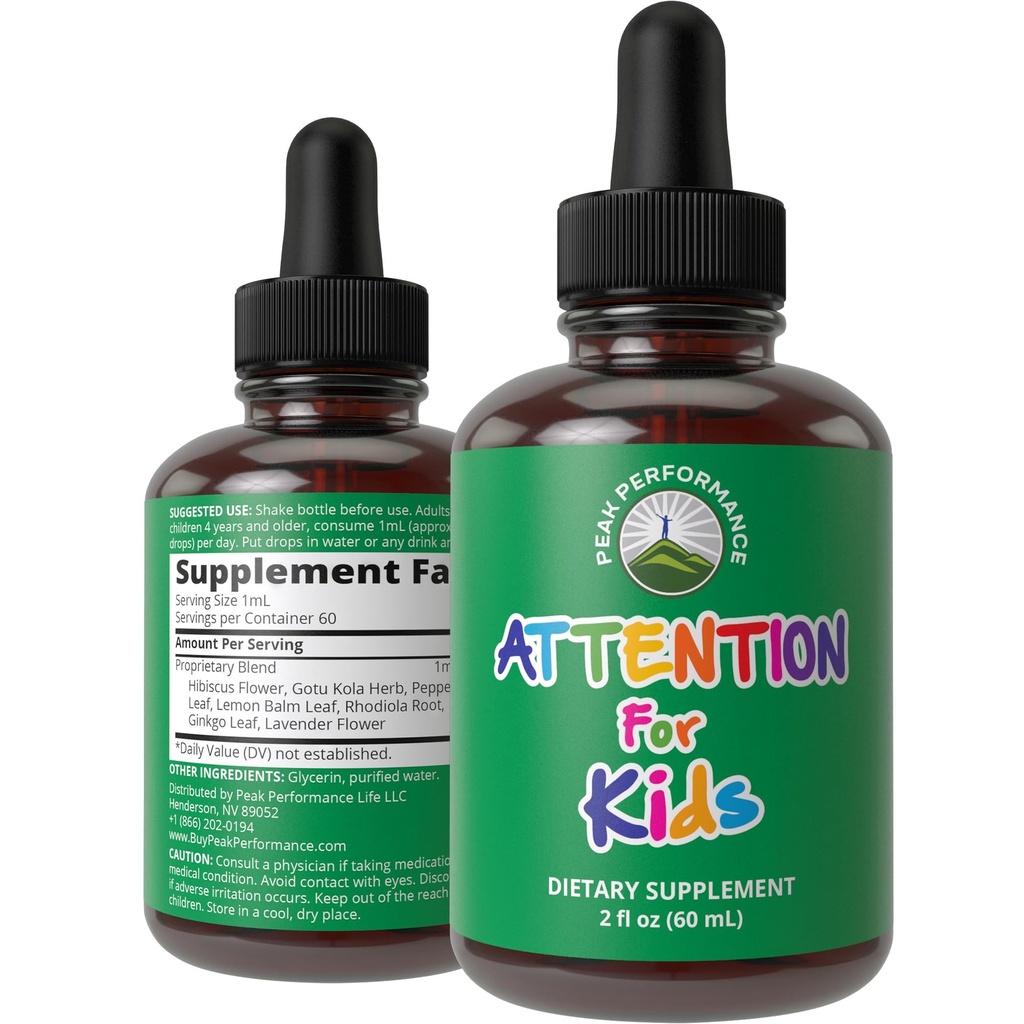 Kinderen Focus Drops. Attentie Deficit Liquid Supplement voor concentratie, aandacht, hersenen, geheugen. Geen Bitter Smaak. Natuurlijke non-habit vormen van suiker gratis 7-in-1 Vegan Nootropic voor kinderen, tieners