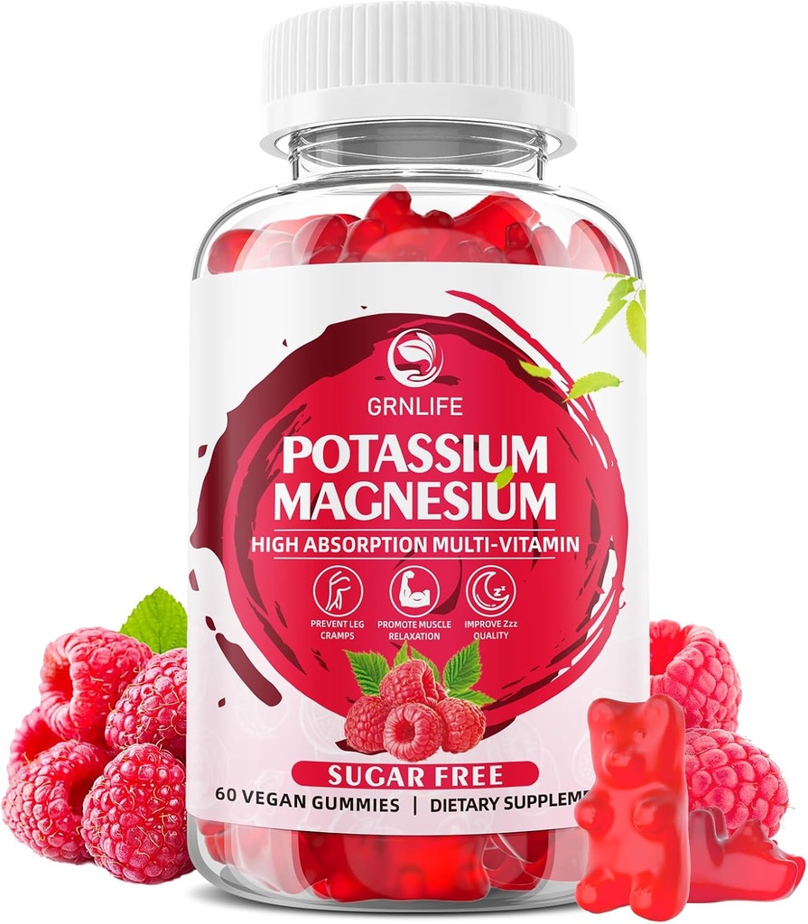 Kalium Magnesium Supplement Gummies, Kalium Gummies voor Volwassenen Kids, Hoge Absorptie Magnesium Glycinate voor Leg Cramps & Immune Health, Suikervrije, Raspberry Smaken, 60 Tellen