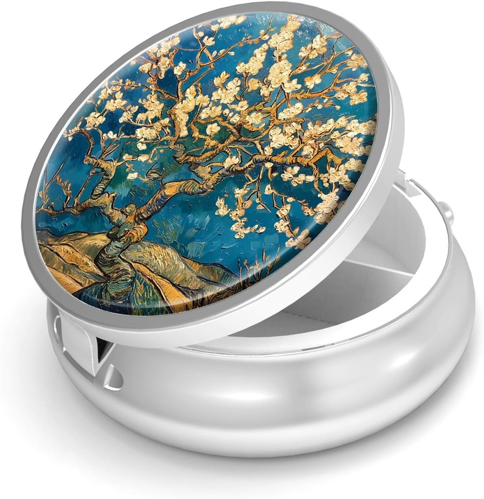 Pill Box-3 Compartiment kleine pillen geval voor Purse & Pocket Mini metalen pil houder Travel Pill Container te houden Supplementen Vitaminen BPA-Free (Amandelbloesem-Van Gogh)