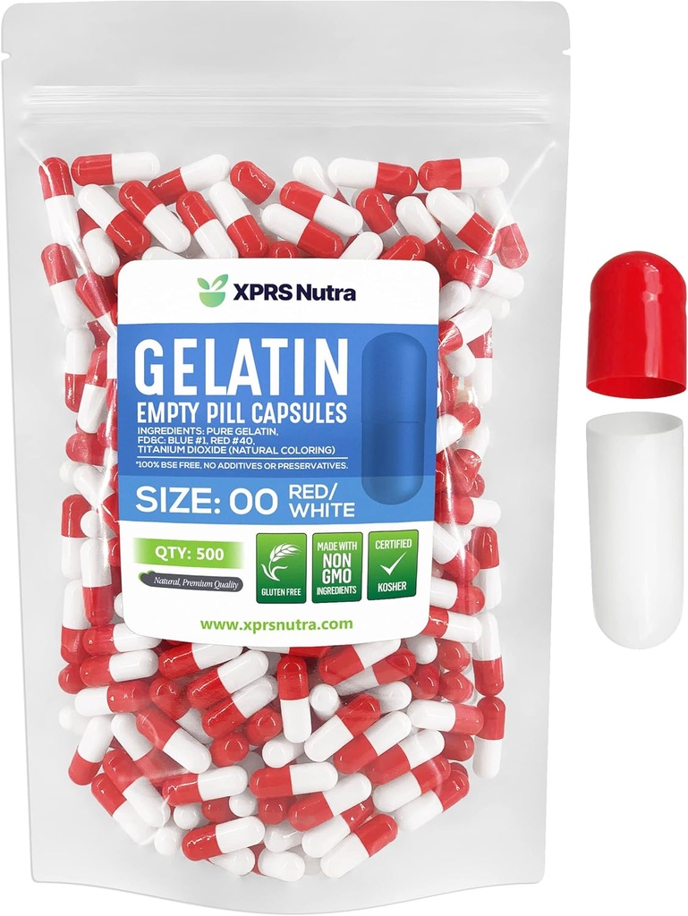 XPRS Nutra Formaat 00 Lege capsules - 500 Telle Lege Gelatine Capsules - DIY Capsule Filling - Vulbare Pill Gel Caps voor Do-It-Yourself Supplements (Rode/Wit)