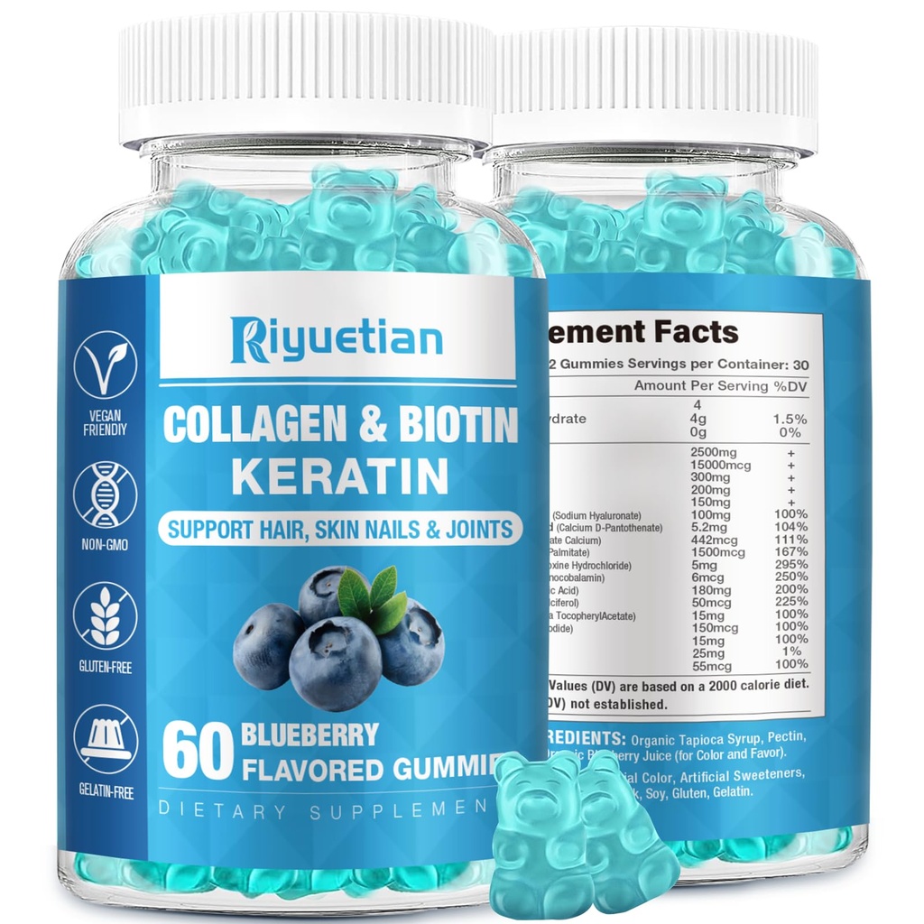 Gommies Biotine 15000mcg avec Collagène pour Adultes Femmes & Hommes - Cheveux, peau et ongles Gommies avec Biotine - Collagène pour Femme - Vegan, Non-OGM, Vitamines capillaires - 60 Compte, 1 Pack