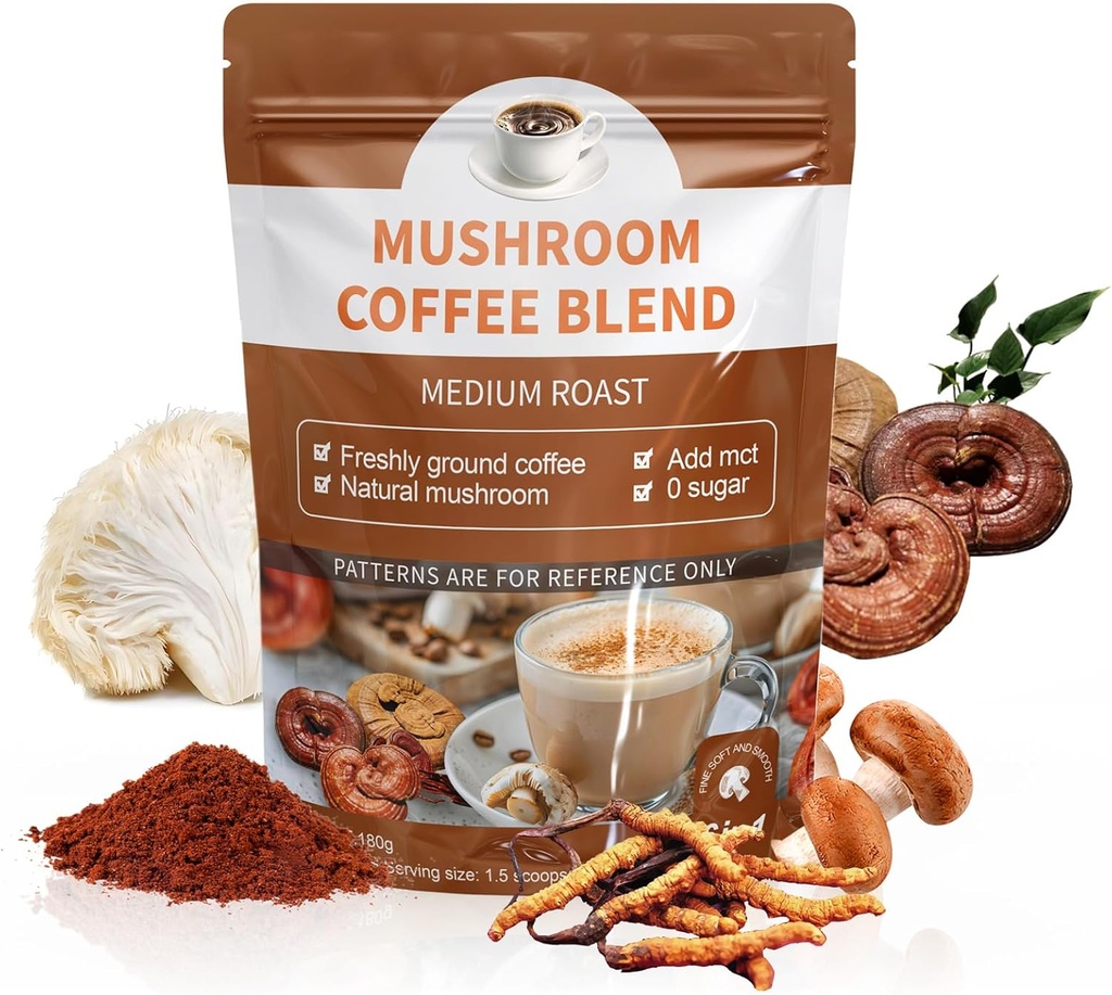 Manille de Lion biologique, Cordyceps, Shiitake, Reishi & Turkey Tail Mushroom Coffee Blend - Soutient Gut, Énergie, Focus & Santé du cerveau