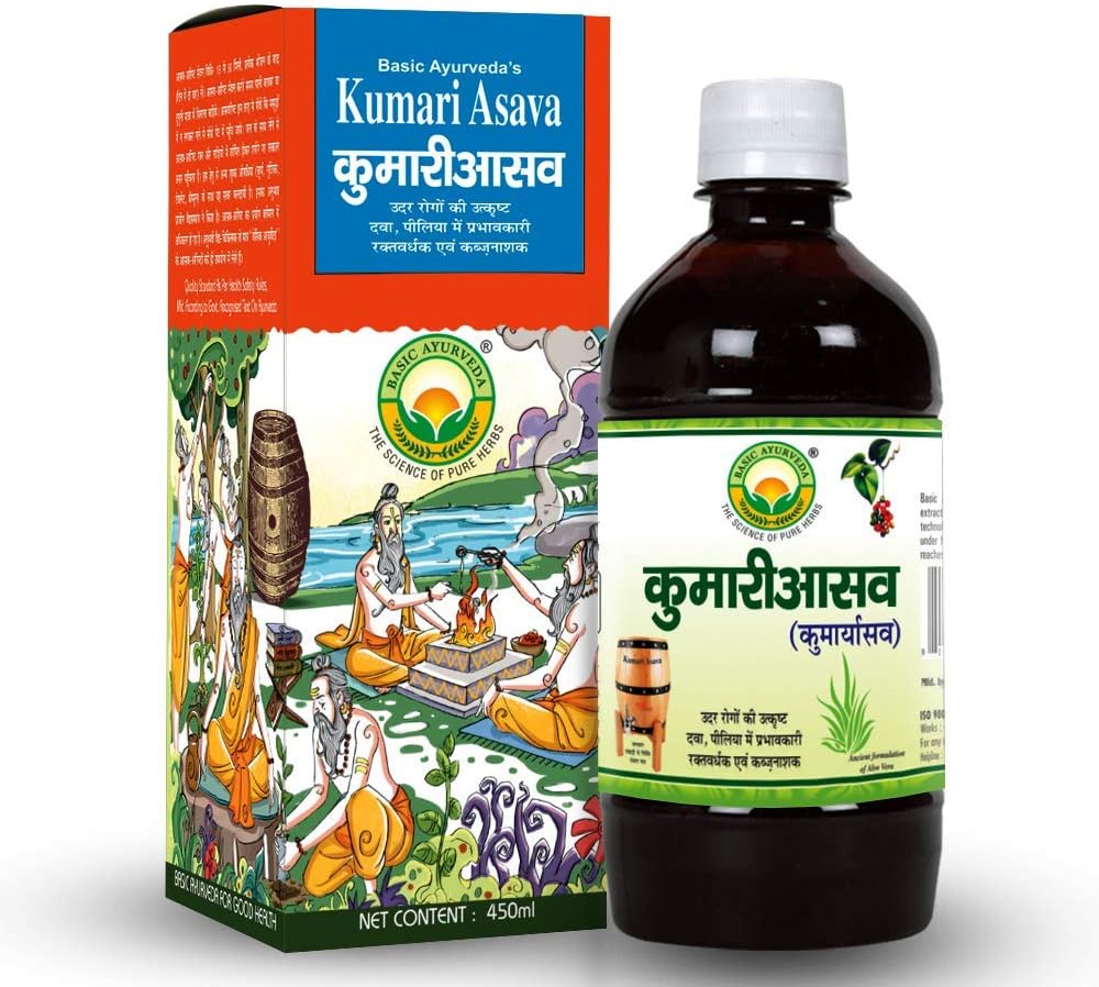 Basic Ayurveda Kumari Asava 450ml Efficace dans le foie Problèmes et améliorer la digestion Améliorer l'appétit Soulage la constipation Utile dans les piles Utile dans l'estomac Problème connexe