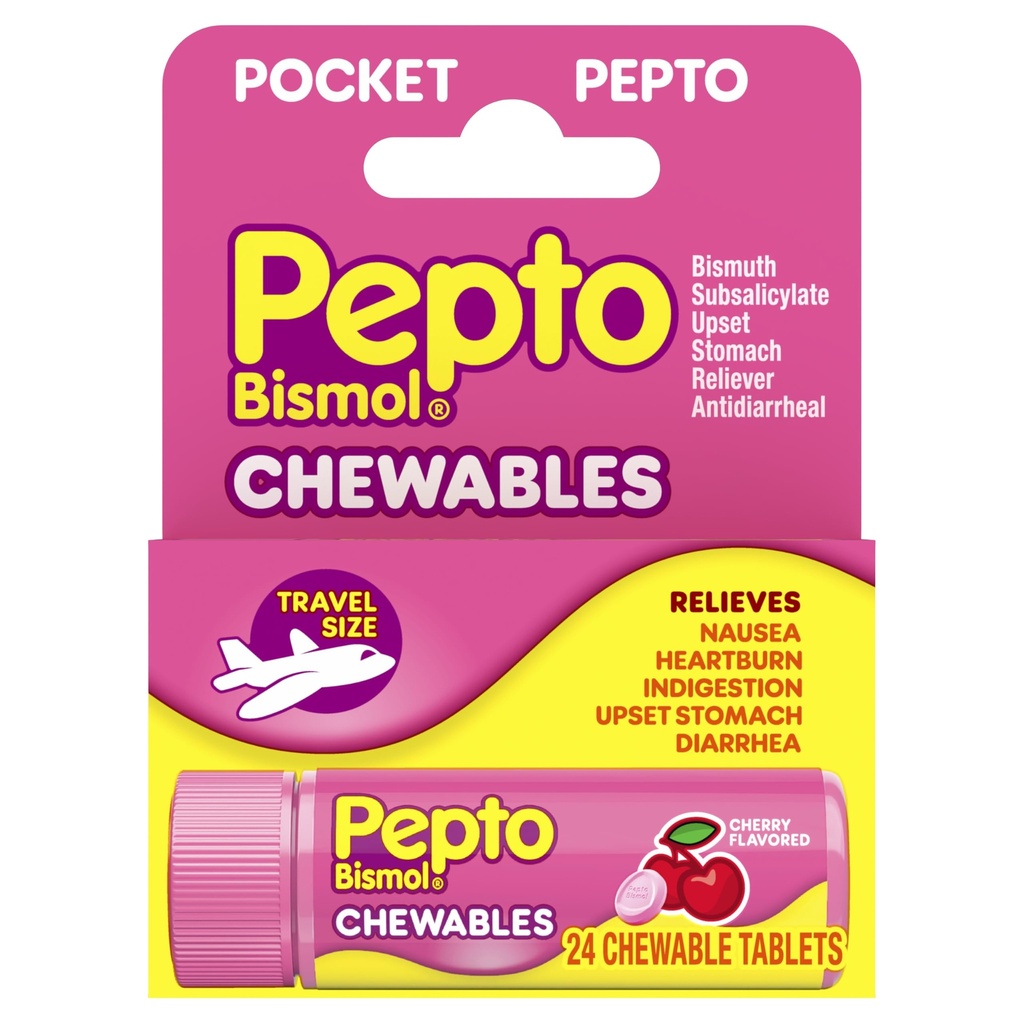Pepto Bismol Pocket Comprimés à mâcher pour Nausées, Brûlures d'estomac, Indigestion, Estomac relevé et Diarrhée - 5 Symptômes de soulagement rapide, Cherry Flavor 24 ct