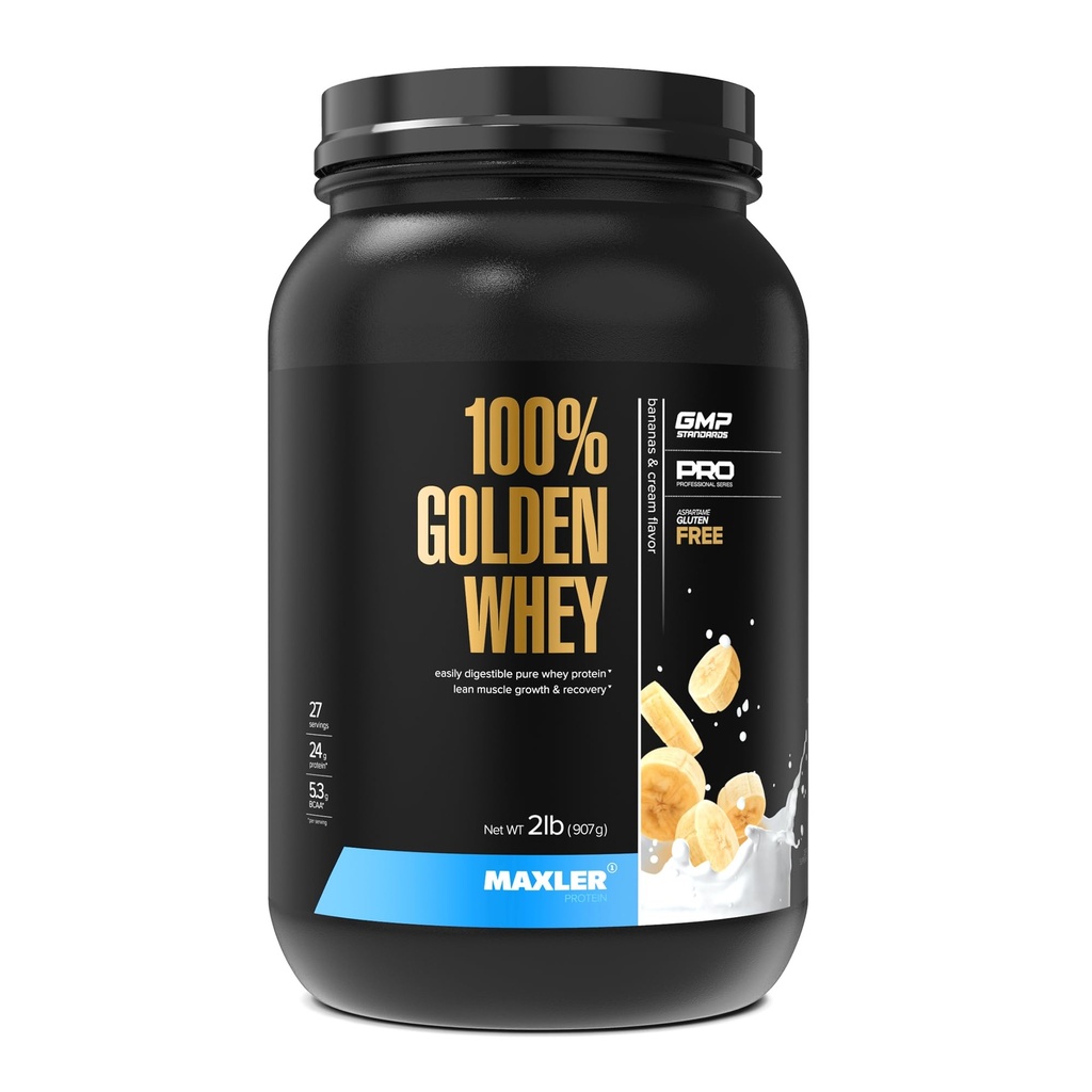 Maxler 100% Golden Whey Protein - 24g proteïne per portie - Premium Wei Proteïne Poeder voor Pre Post Workout - Fast-Absorbing Wei Concentrate, Isolaat & Hydrolysaat Blend - Bananen & Cream 2 lb