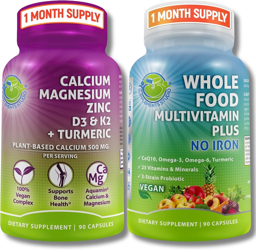 SUPPLÉMENTS STUDIO Duo quotidien de soutien immunitaire, os et énergie pour les hommes et les femmes – Multivitamine d'aliments entiers végétaliens sans fer et magnésium de calcium à base végétale avec D3, K2 et curcuma – végétalien, non-OGM