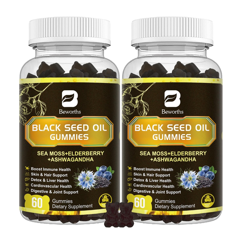 Black Seed Oil & Sea Moss Gummies, 2Pack Irish Sea Moss Gummies with Black Seed Oil, Ashwagandha Extract, Vlierbes, Kurkuma, Vitamine C, Vitamine D3 - Immuun ondersteuning, gewrichten, spijsvertering, haar en huid