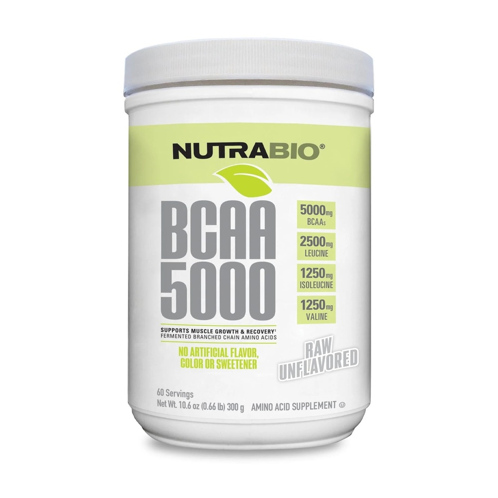 NutraBio BCAA 5000 Powder - Gefermenteerd vertakte Aminozuren voor Spiergroei & Recovery - Natuurlijke smaken, Zoetstoffen en Kleurstoffen, Veganistisch, Glutenvrij - Ongearomatiseerd, 60 Serven