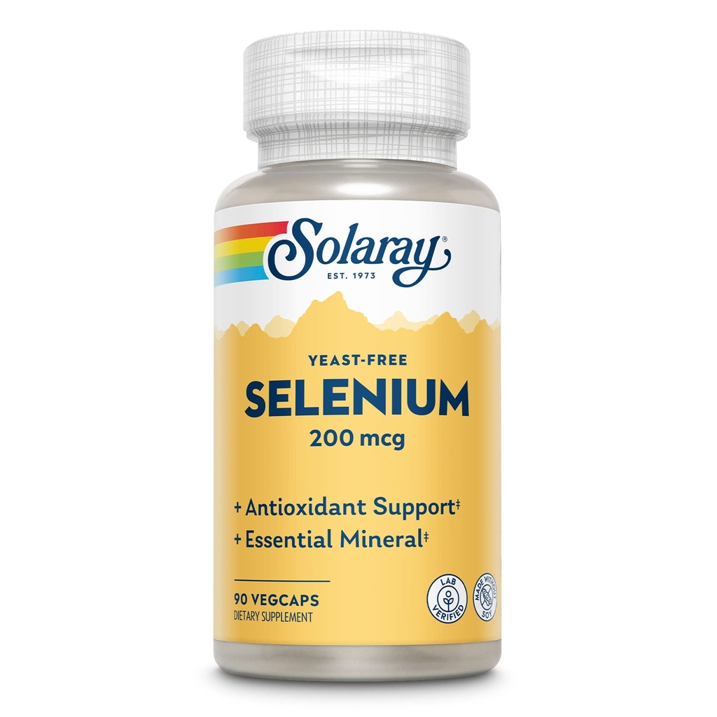 Solaray Gist Vrij Selenium 200mcg, Selenium Capsules voor gezonde schildklierfunctie & Immune Support, Hoge Absorptie Supplement, Vegan, 90 Servers, 90 VegCaps