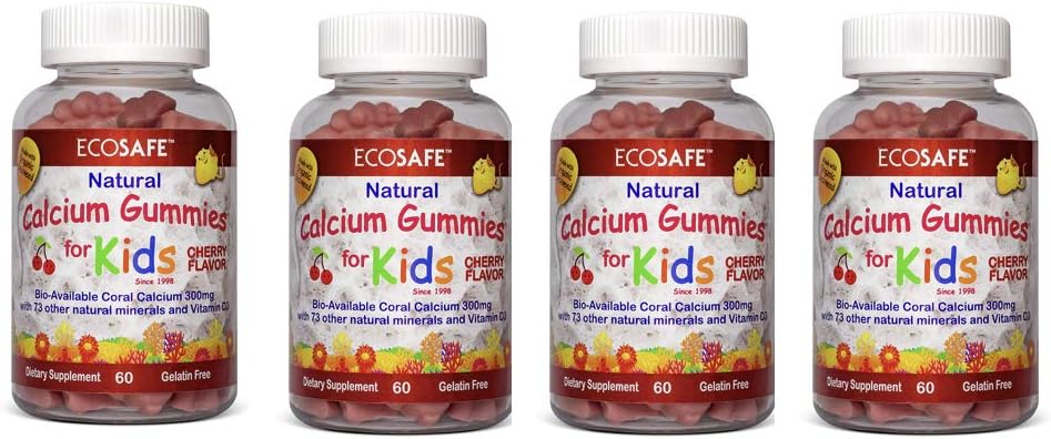 Koraal Calcium Vitamine D3 Kids Gummy, natuurlijke kersensmaak, Non-GMO, Glutenvrij, Dairy-Free, Soy-Free en Gelatine Vrij - 300 mg Calcium, en 800 IE vitamine D3-60 Gummies (4 Pack)