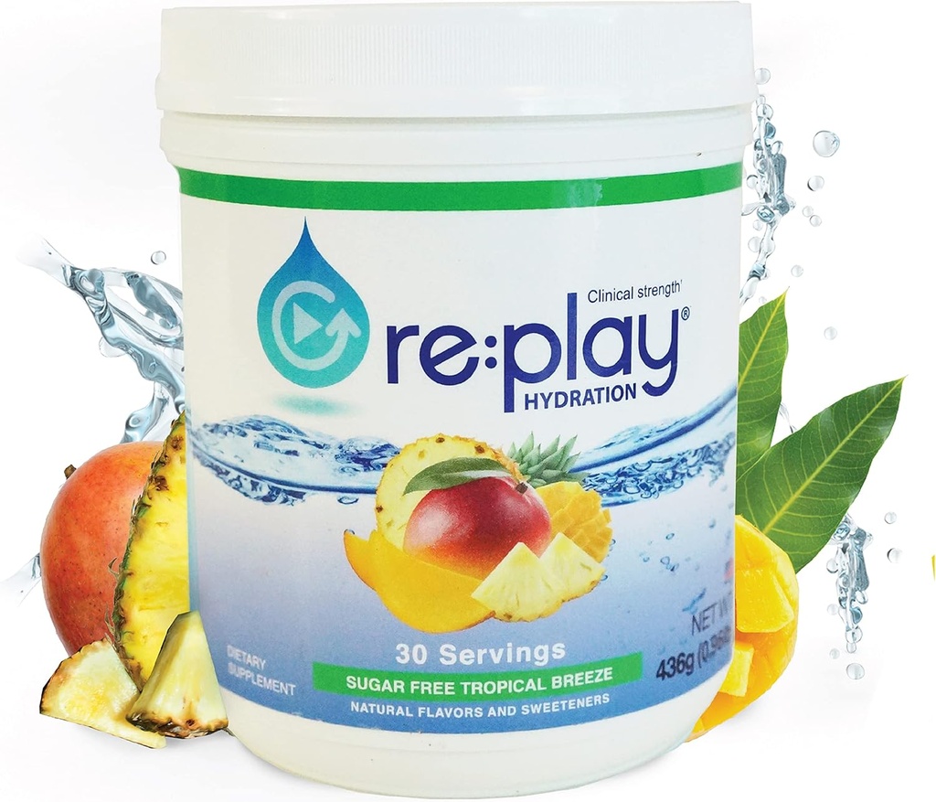 Re:Play hydration Recovery poudre de boisson, sans sucre Breeze Tropical - 436g baignoire, 30 portions