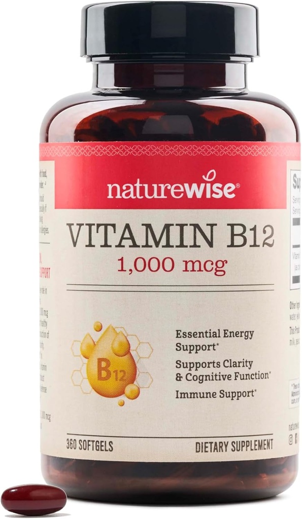 NatureWise Vitamin B12 1000 mcg - Dieetsupplement ter ondersteuning van het energiemetabolisme, geestelijke helderheid, zenuwstelselgezondheid - Gemakkelijk doorslikken, soja en glutenvrije, niet-GMO - 360 aantal[1-jaars voorziening]