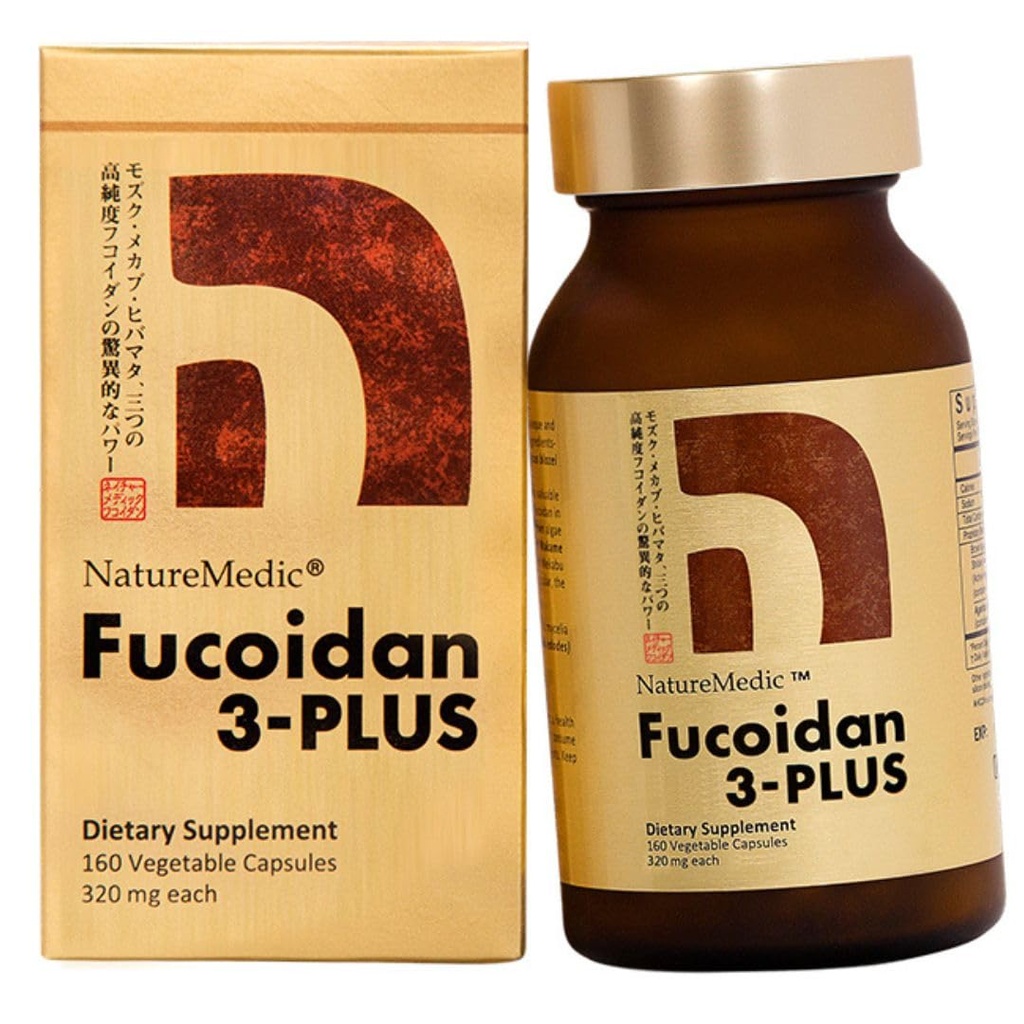 NatureMedic Fucoidan 3-Plus Brown Seaweed Immunity Supplement avec trois types de haute pureté Fucoidan biologique Mekabu Fucus Mozuku Agaricus 160 capsules végétales Fabriqué au Japon (1 bouteille)