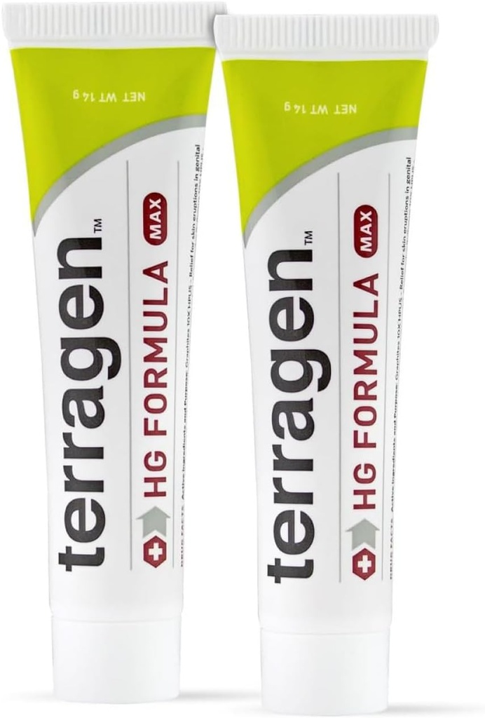 Terragen HG Formula MAX par terrasil, Crème de traitement naturel apaisant rapide pour les plaies génitales et le soutien efficace de l'éclosion, pour les hommes et les femmes (14g 2-Pack)