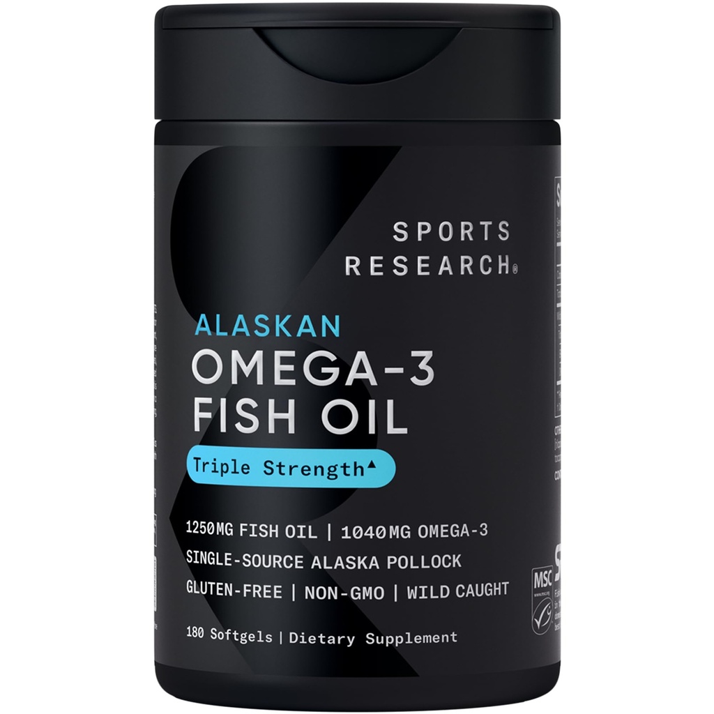 Sportonderzoek Triple Strength Omega 3 Visolie - Burpless Fish Oil Supplement w/EPA & DHA Vetzuren van single-Source Wild Alaska Pollock - 1250 mg, 180 ct