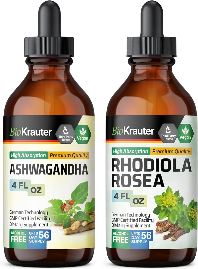 BIO KRAUTER Ashwagandha Tinctuur 4 Fl. Oz. & Rhodiola Rosea Tinctuur 4 Fl. Oz.