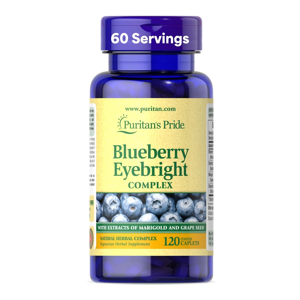 Puritan's Pride Premium Blueberry Eyebright Complex with Extracts of Marigold and Grapeseed, Dietary Supplement for Antioxidant Health, 120 Coated Caplets