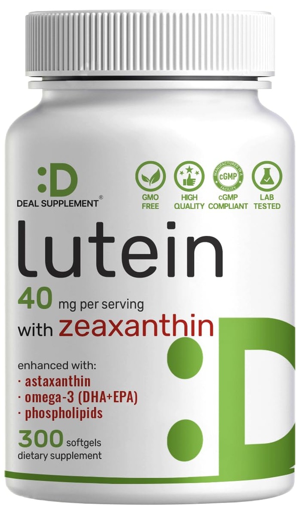 Lutein and Zeaxanthin Supplements, 40mg Per Serving, 300 Softgels – Plus Astaxanthin, Omega-3s, & Phospholipids – Non-GMO