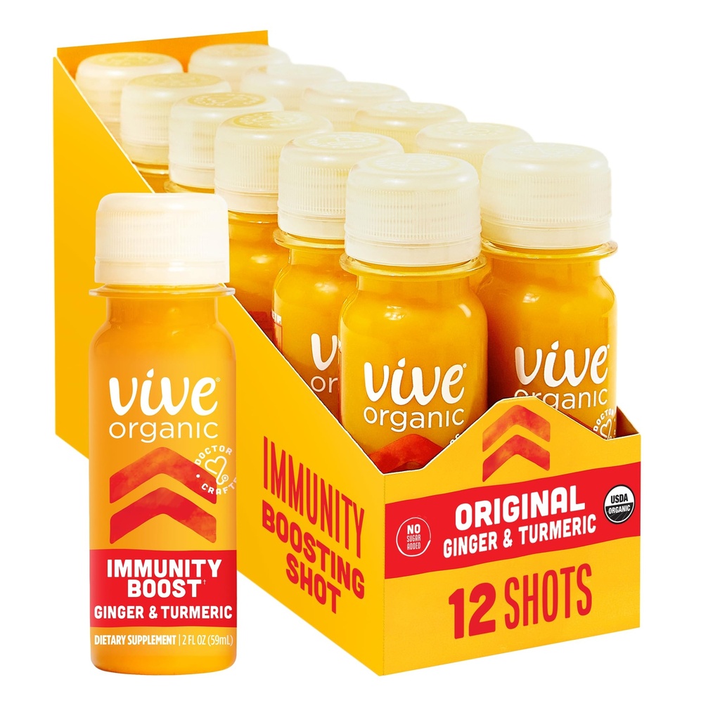 Vive Organic Immune Support Shot, Ginger pressé à froid, Turmeric, & Echinacea, Sans gluten, Vegan, Immunity Boost Original, 2 Fl Oz (paquet de 12)